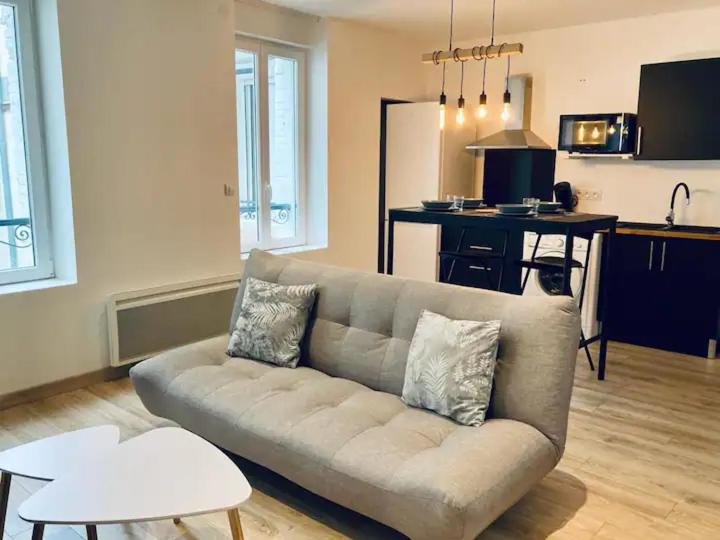 un salon avec un canapé et une cuisine dans l'établissement La Midouze - Central - Moderne - Cosy, à Mont-de-Marsan
