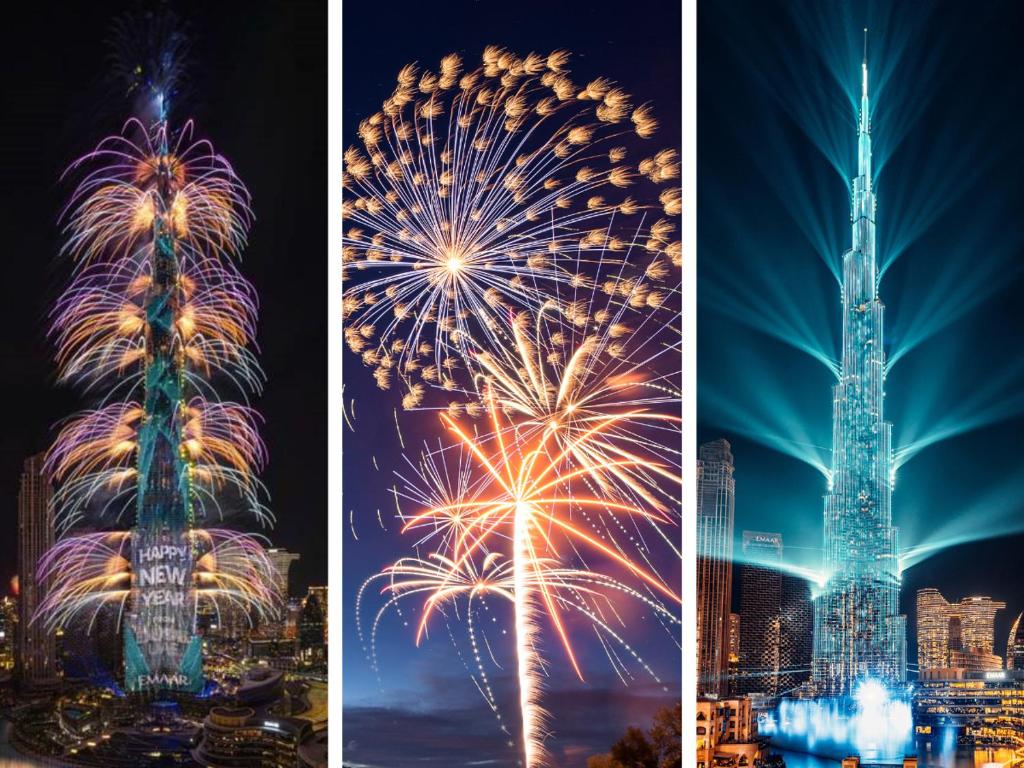 a collage of pictures of the taipei with fireworks at orange hostel in Dubai