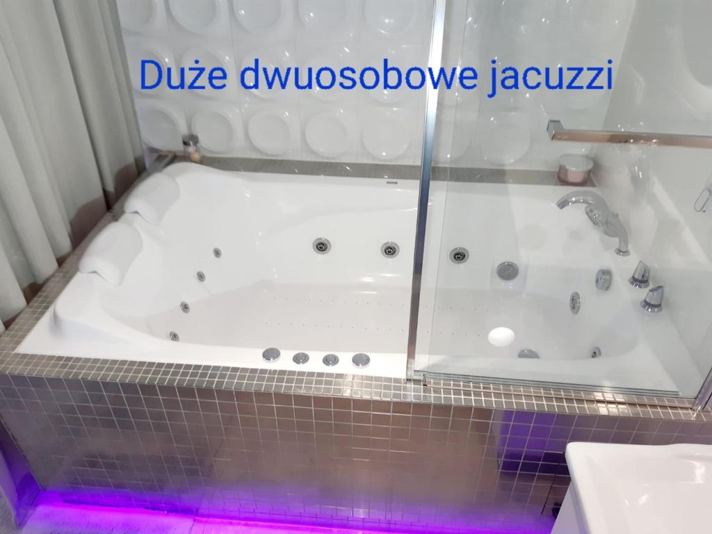 ゴジュフ・ヴィエルコポルスキにあるApartamenty "PRZY KATEDRZE" GORZÓW - jacuzziの紫色の照明付きのバスルーム(バスタブ付)