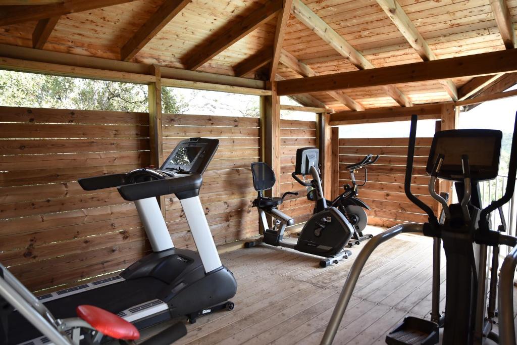 three exercise bikes in a gym with wooden walls at Résidence Chiar&#39; Di Luna in Sainte-Lucie de Porto-Vecchio