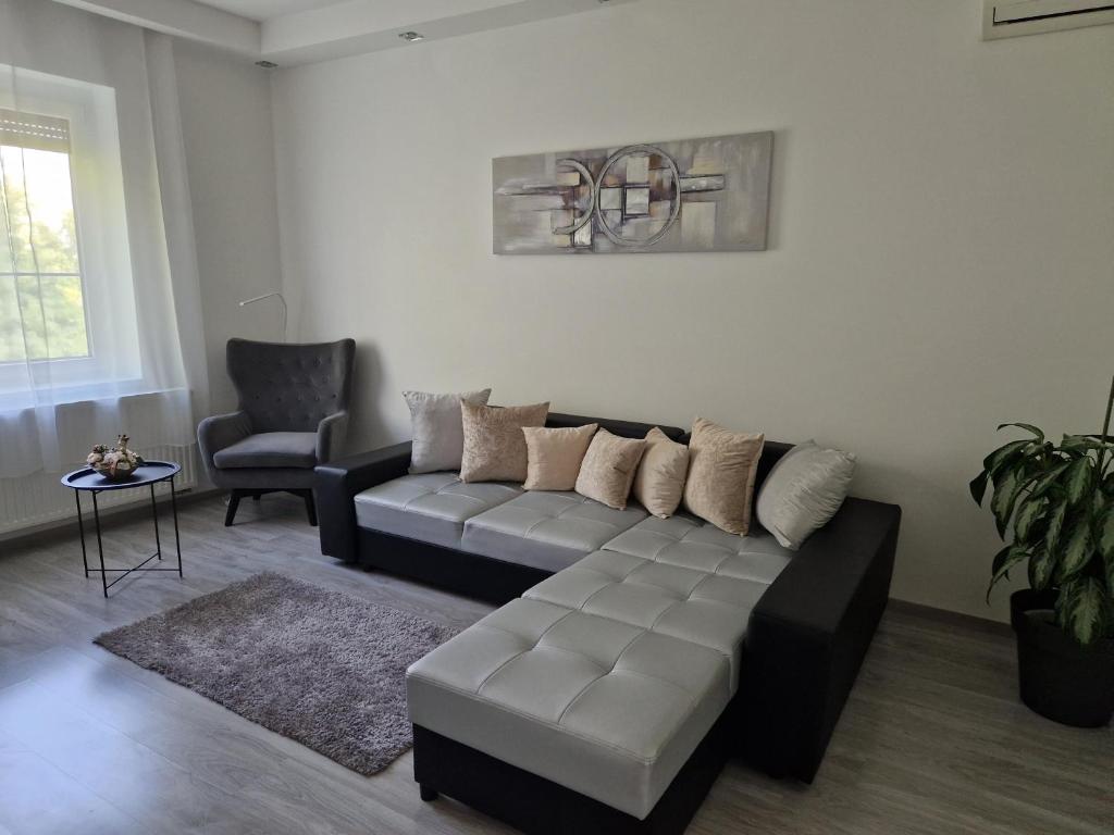 a living room with a couch and a chair at Martina apartman Békéscsaba in Békéscsaba