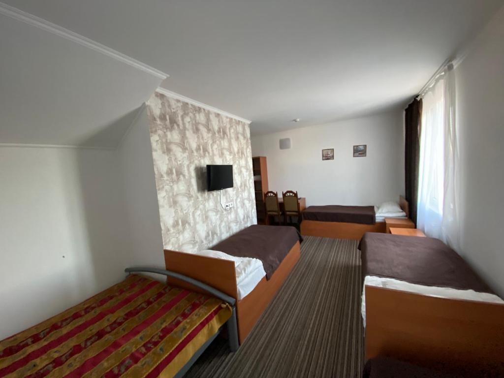 リヴィウにあるAutopark Hotelのベッド2台、壁掛けテレビが備わる客室です。