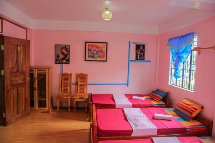 a room with four beds in a room with pink walls at Banaue Evergreen Hostel and Restaurant in Banaue