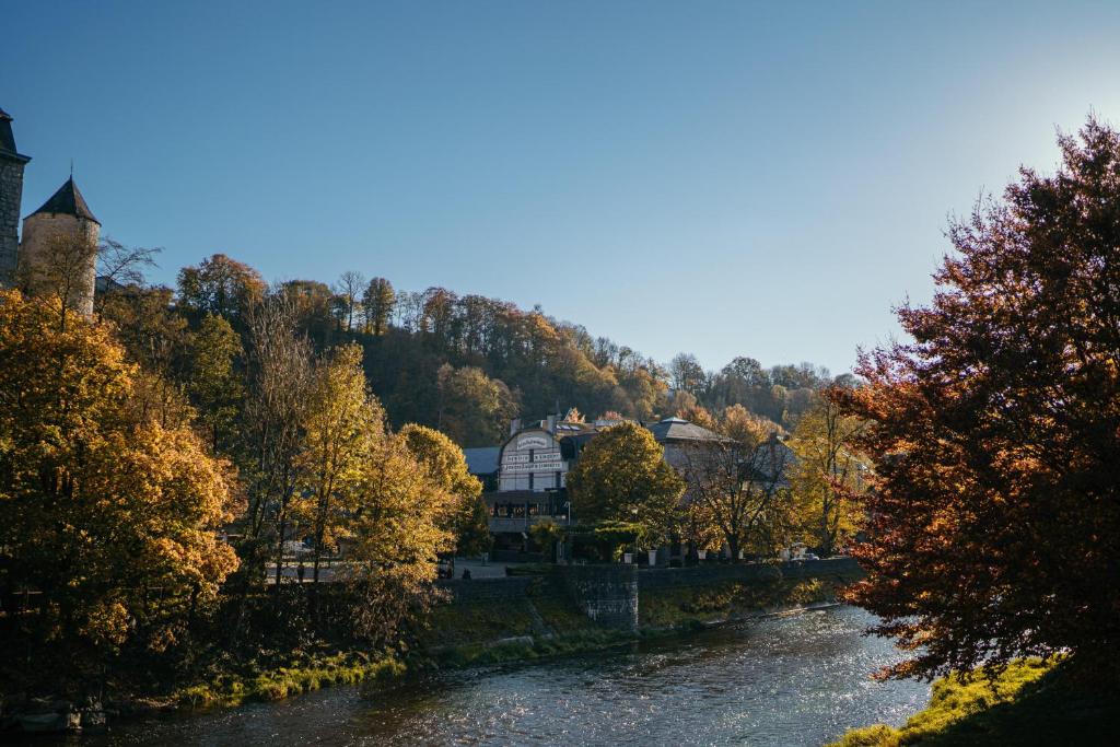 widok na rzekę z domem i drzewami w obiekcie Hotel Sanglier w mieście Durbuy