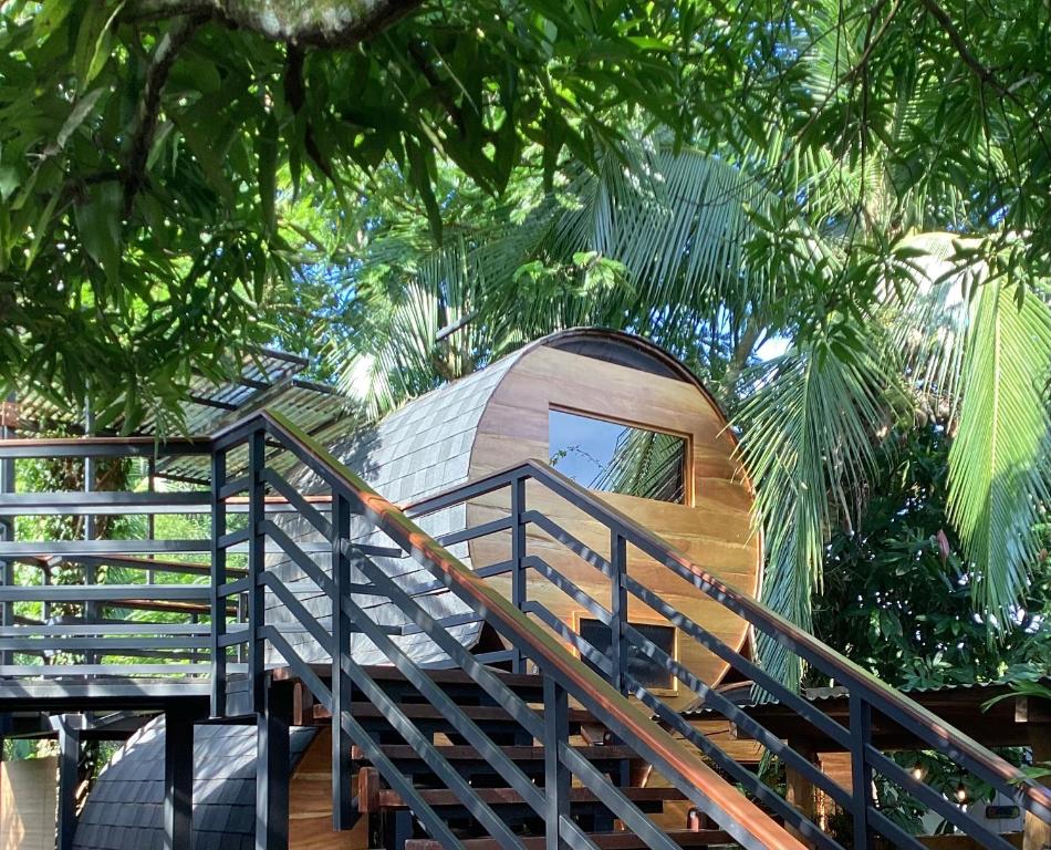 a circular house with a staircase in a forest at Secret Garden in Cahuita
