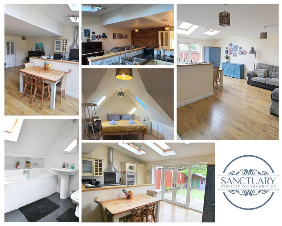 a collage of photos of a house at West End House • Sleeps 8 in Leicester