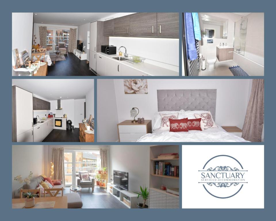 un collage de fotos de un dormitorio y una sala de estar en Gorgeous Spacious 2 Bed 2 Bath Apartment en Leicester