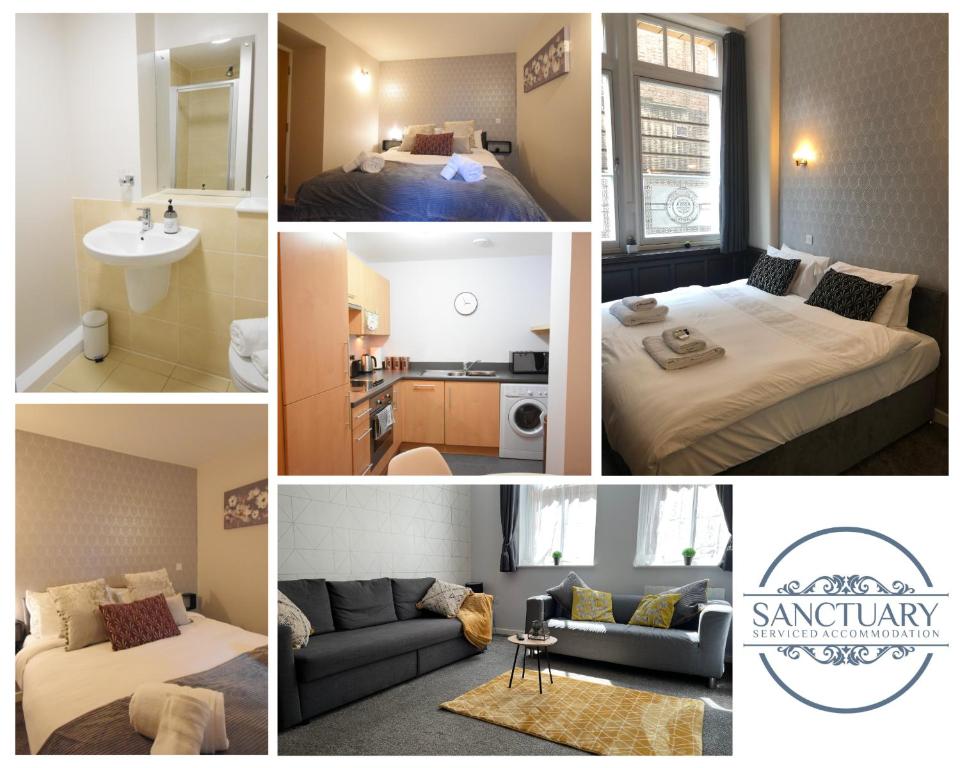un collage de fotos de un dormitorio y una sala de estar en The Bootlace Apartment, en Leicester