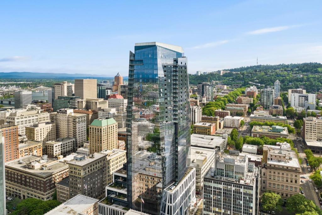 an aerial view of a city with tall buildings at The Ritz-Carlton, Portland in Portland