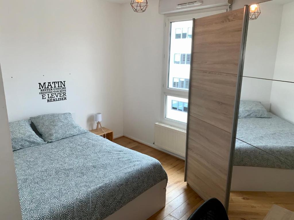 1 dormitorio con 2 camas y armario con espejo en Appartement cosy, en Lyon