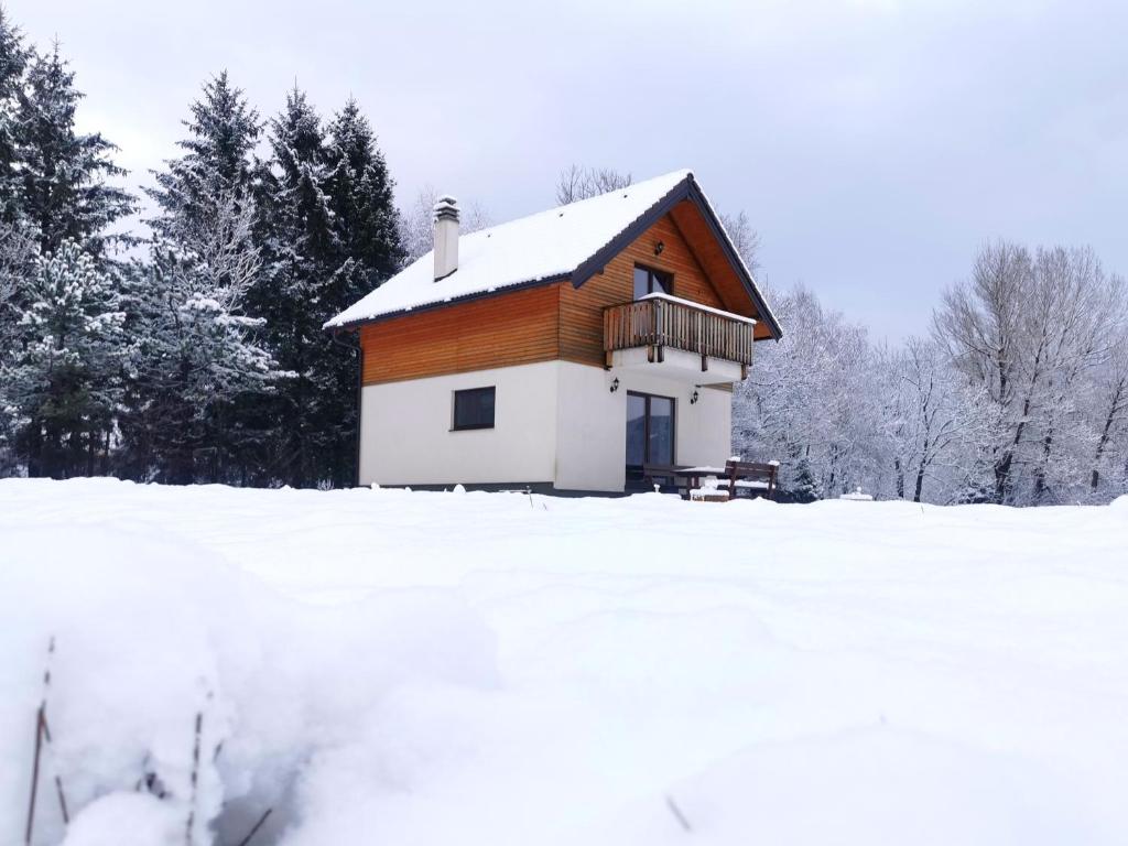 a house in a field with snow on the ground at Kuća za odmor Zeleni san in Lič