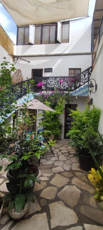 un patio con macetas y sombrilla en El Jardín de la Abuela en Querétaro