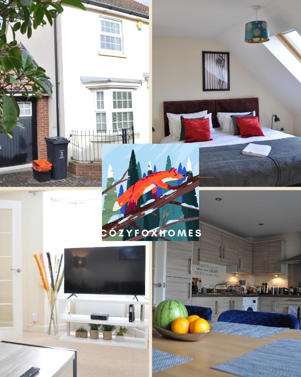 a collage of photos of a bedroom and a living room at Beaney View House - Comfortable Spacious 4 Bedrooms En-suites House with Free Wifi and Parkings Located at quiet neighbourhood and easy access to town centre in Swindon