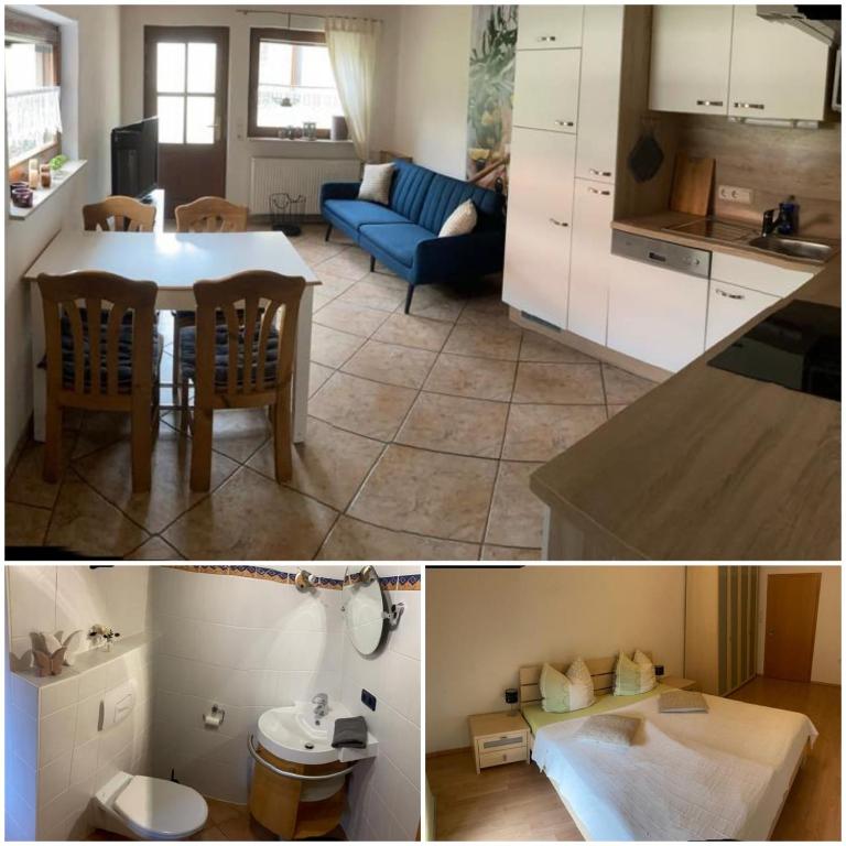 two pictures of a kitchen and a living room at Ferienwohnung am Schloss in Fechenbach