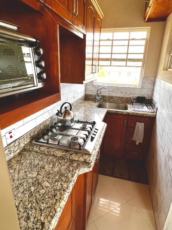 a kitchen with a stove and a sink at Cozy Modern Upstairs 2 Bed A/C Apt Near 2 Everything in Saint Philip