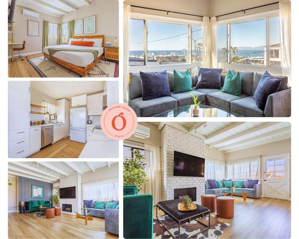 un collage de cuatro fotos de una sala de estar en Ocean Views Manhattan Beach 2 Bedroom Parking, en Manhattan Beach