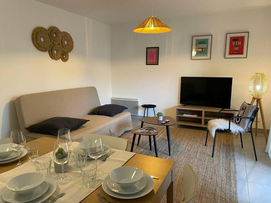 een woonkamer met een bank en een televisie bij Appartement Montpellier Nord 6 personnes in Montpellier