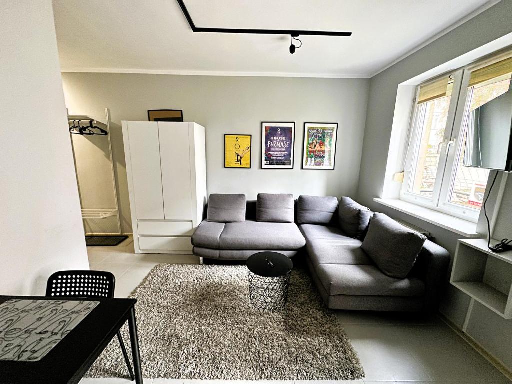 a living room with a couch and a table at Apartament Vincent in Toruń