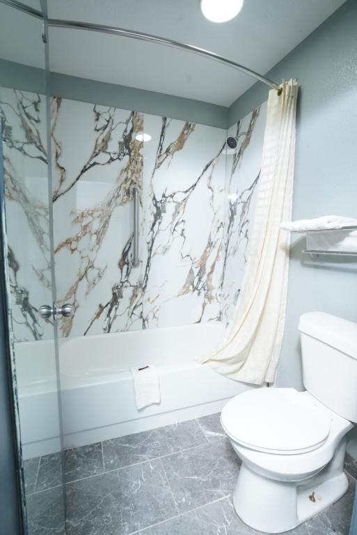a bathroom with a toilet and a shower at Red Carpet Inn & Suites in Newnan