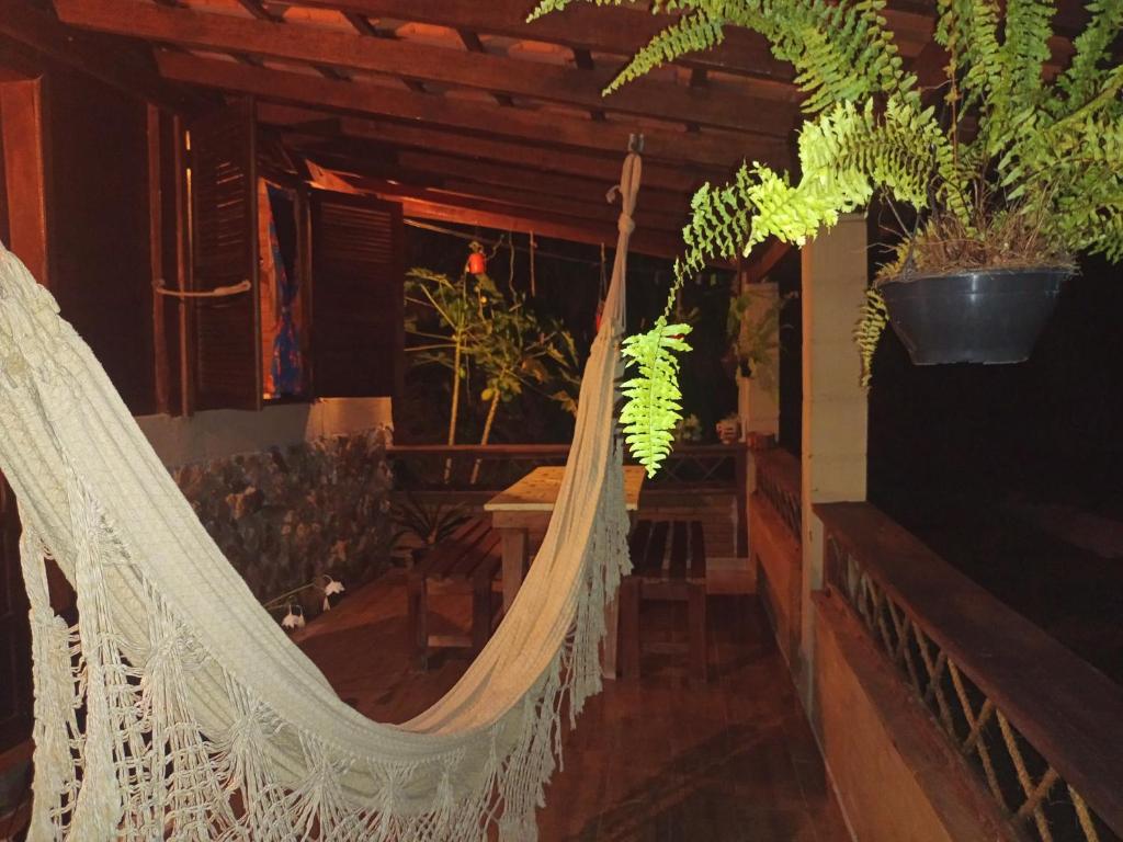 a hammock hanging in a room with plants at Chalé Ebenézer in Eldorado