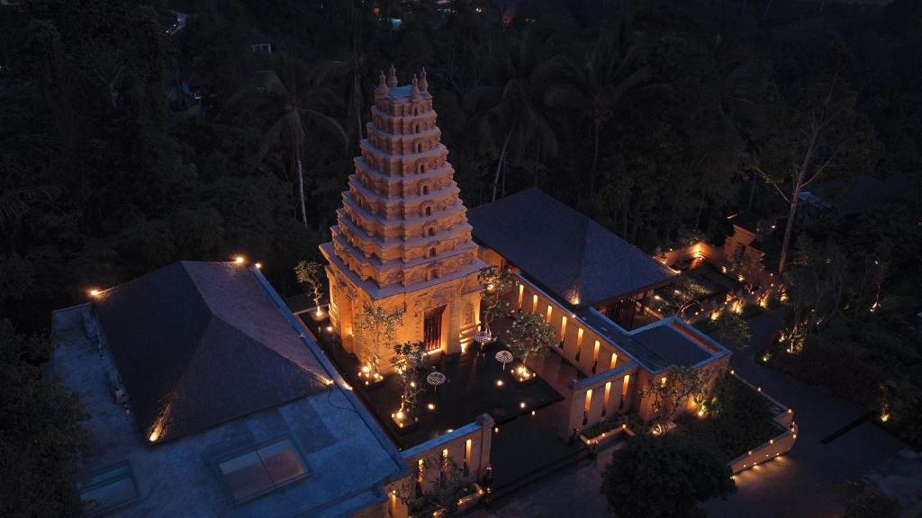 an overhead view of a building with a large tower at Sanna Ubud A Pramana Experience in Tegalalang