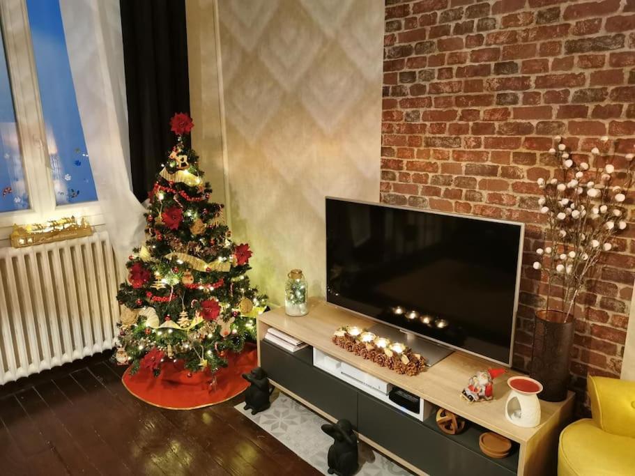 a living room with a christmas tree and a television at Agréable maison de ville, en triplex in Blois