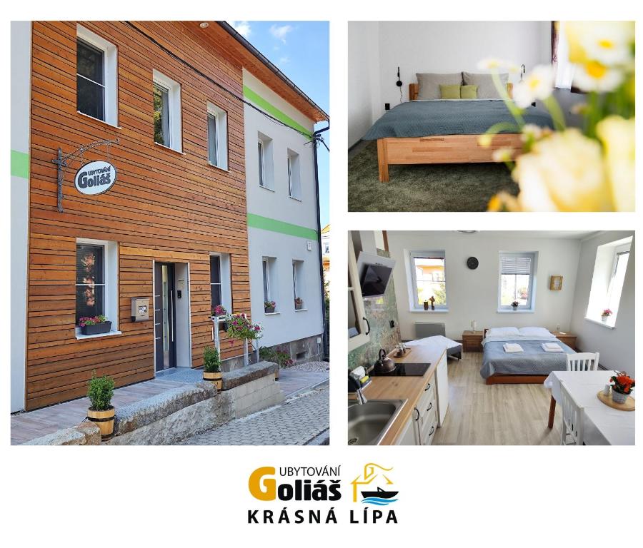 un collage de tres fotos de una casa en Ubytování Goliáš, en Krásná Lípa