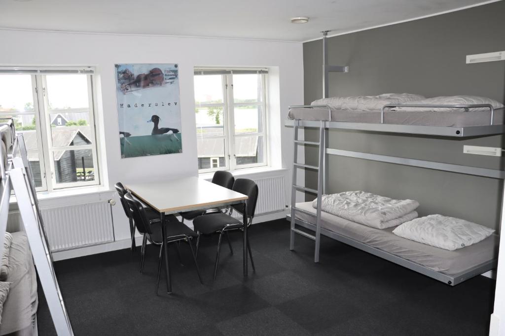 a dorm room with a table and bunk beds at Danhostel Haderslev in Haderslev