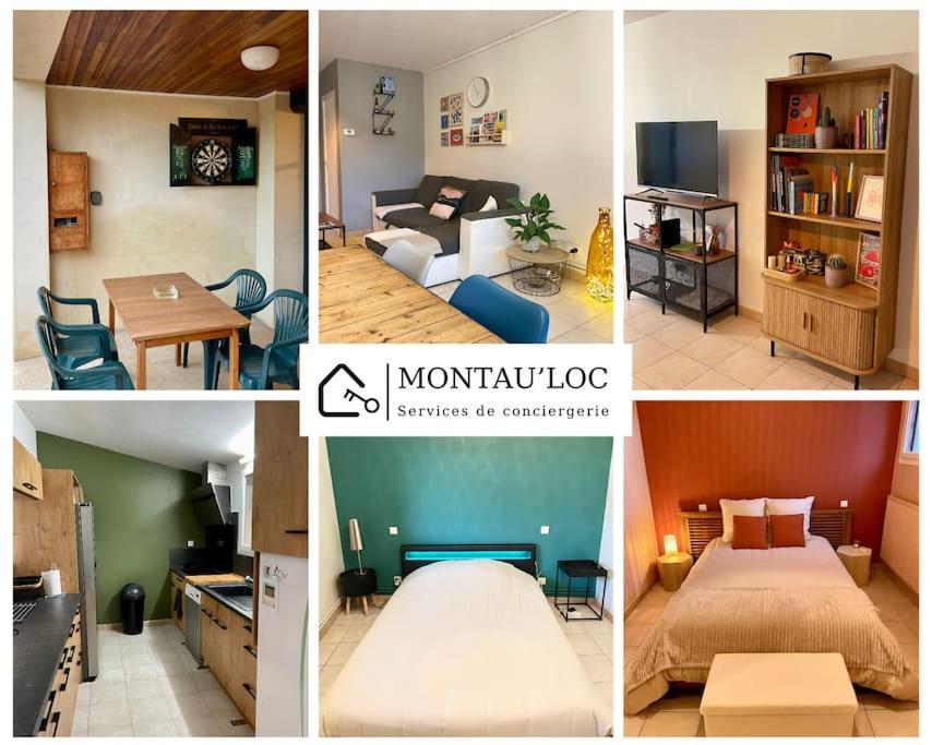 un collage de cuatro fotos de una habitación en La maisonnette, en Montauban