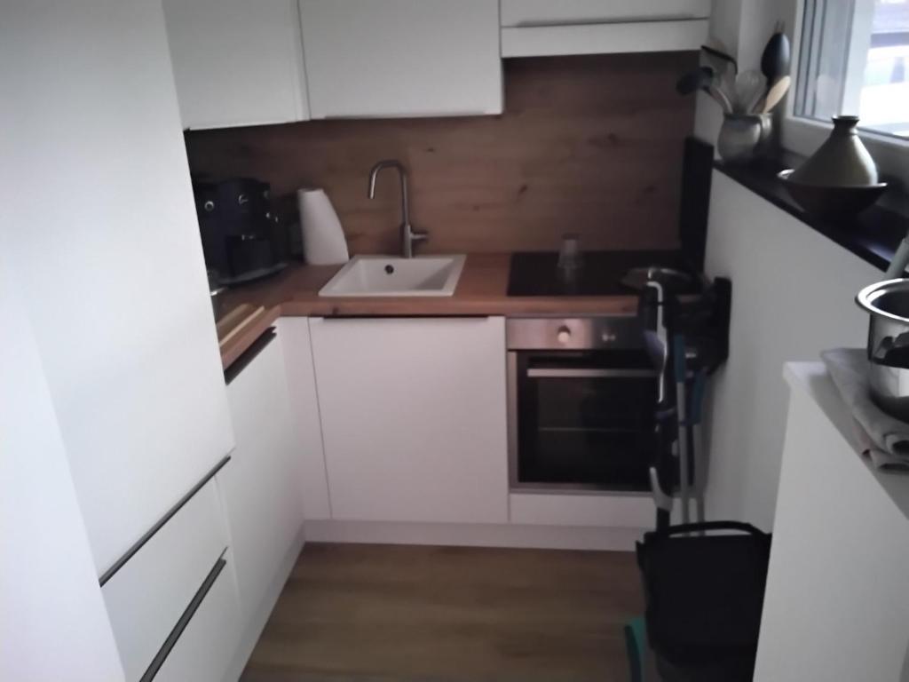 新城荷斯坦的住宿－Herrmannsruh - b45555，小厨房配有白色橱柜和水槽