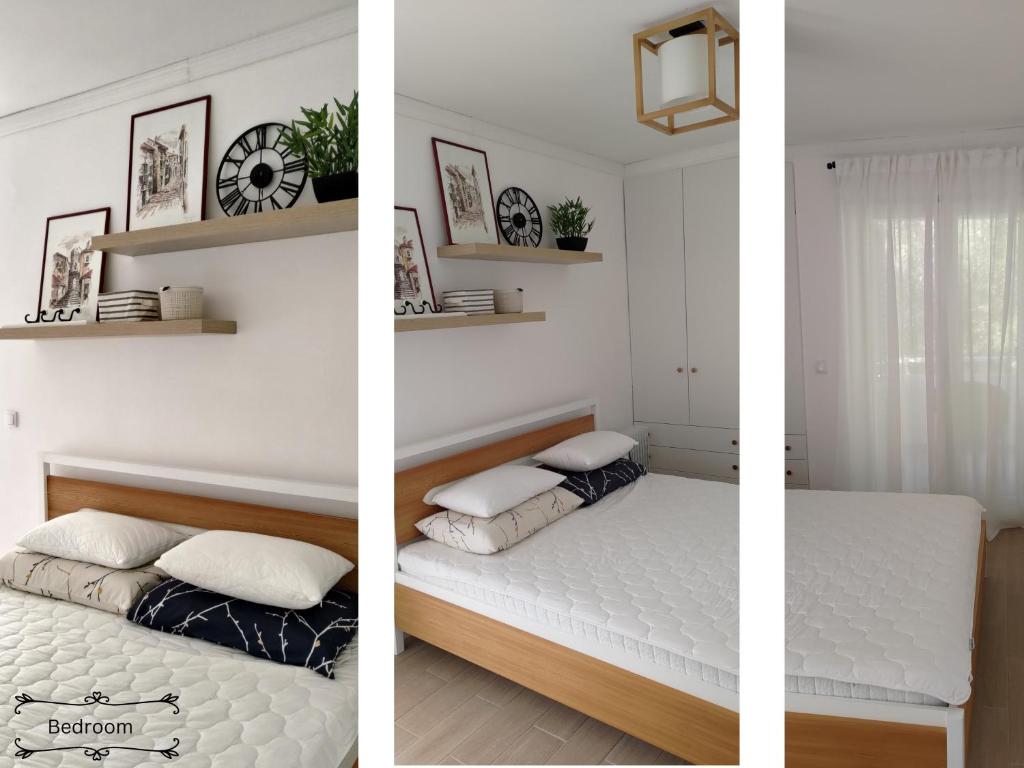 twee foto's van een slaapkamer met een bed bij Il Mare Apartment in Herceg-Novi
