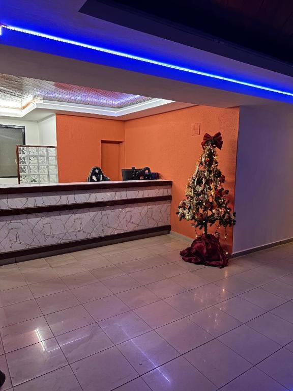 a lobby with a christmas tree in front of a counter at Hotel Itajubá Classic - Goiânia in Goiânia