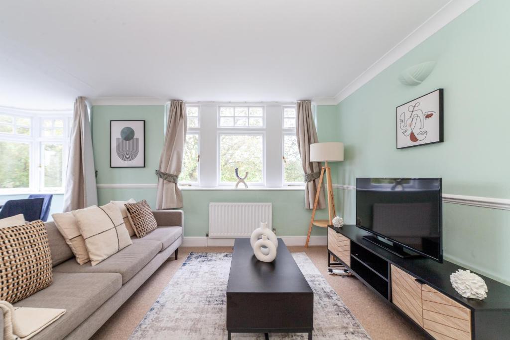 uma sala de estar com um sofá e uma televisão em The Lewisham Flats em Londres
