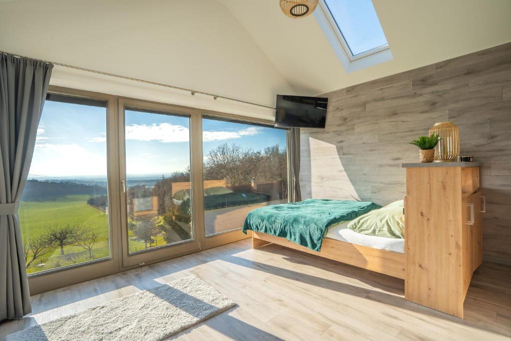um quarto com uma cama e uma grande janela em Duna Lodge - Luxury Apartment em Dunaszentmiklós