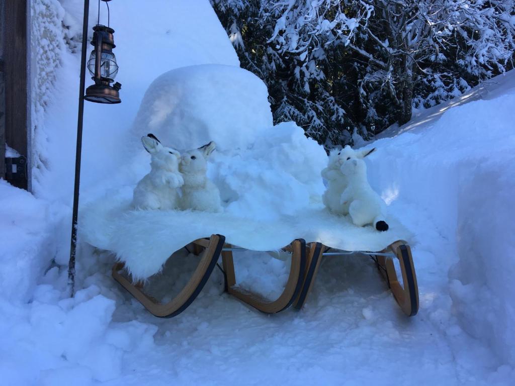 two figurines of cats sitting on a bench in the snow at Altipik - Lodges Insolites in Mont-Saxonnex