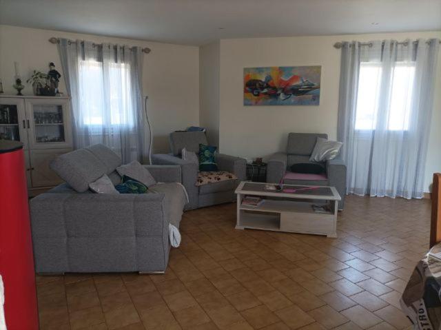 uma sala de estar com dois sofás e uma mesa de centro em Maison proche circuit 24 heures du mans em Spay