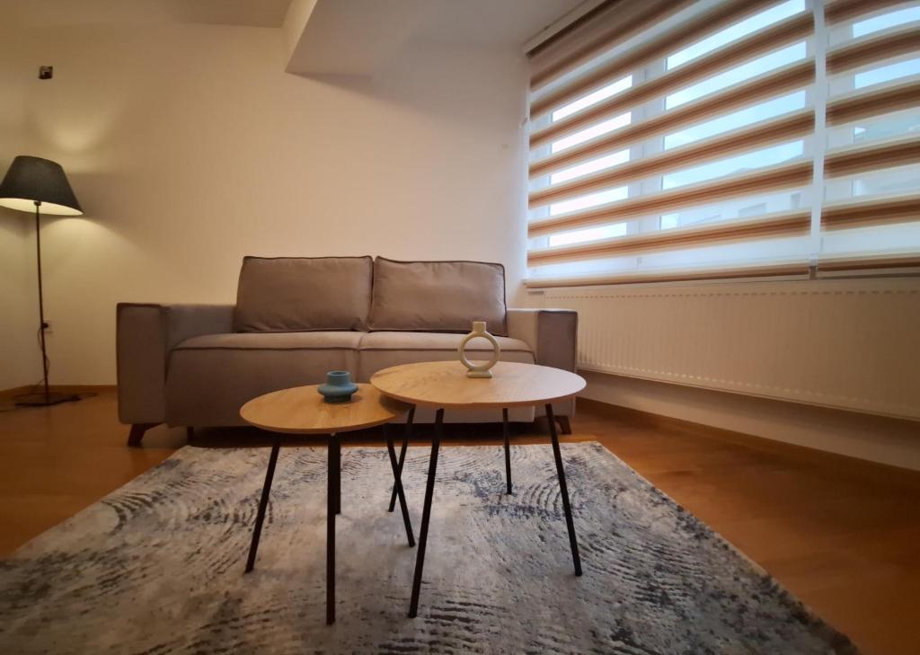 a living room with a couch and a coffee table at Modern Living Apartments in Skopje