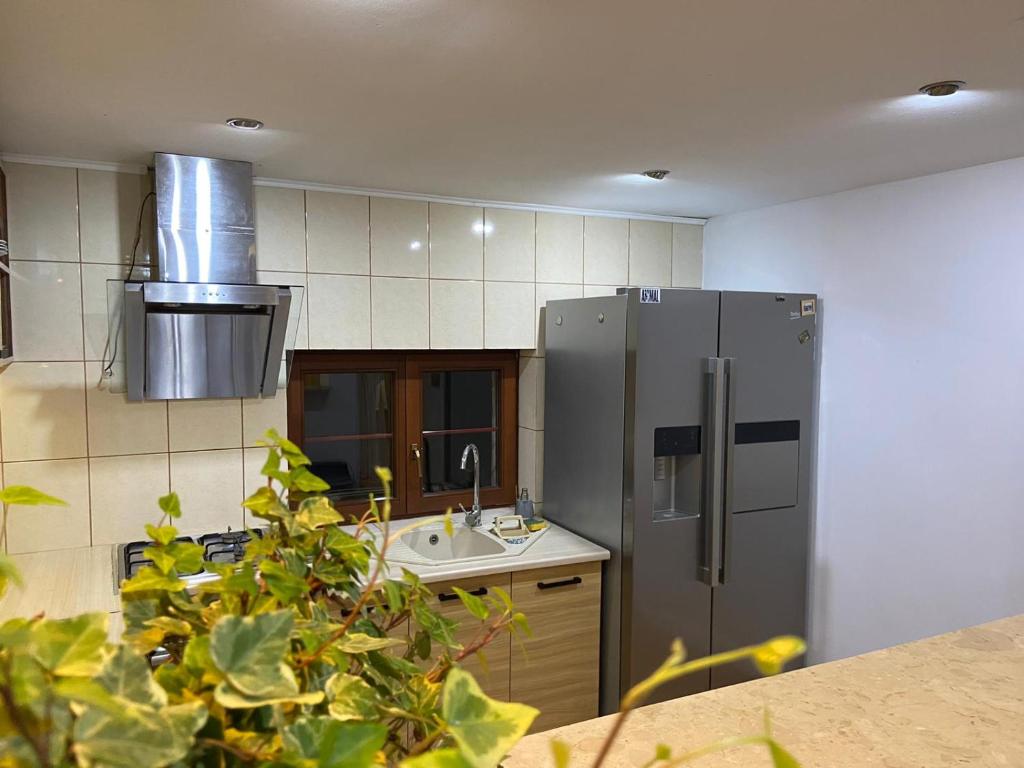 a kitchen with a stainless steel refrigerator and a sink at Apartament Skandynawski in Nowe Worowo