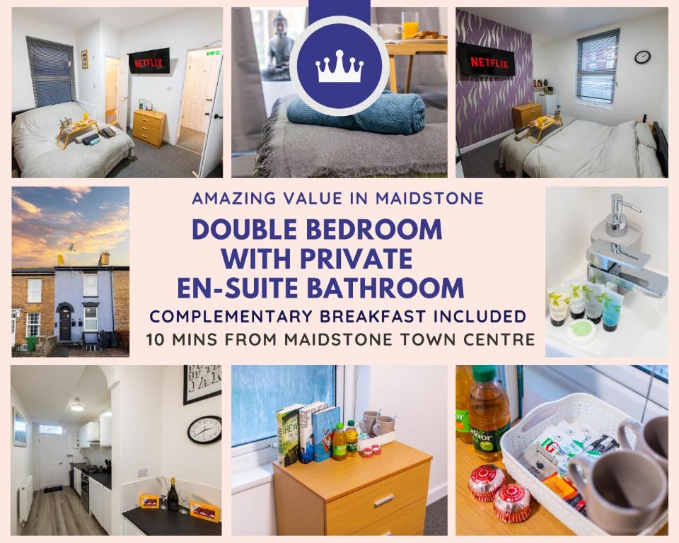 a collage of photos of a room with a bedroom at Premium En-suite Double Bedrooms in Central Maidstone with Breakfast in Kent
