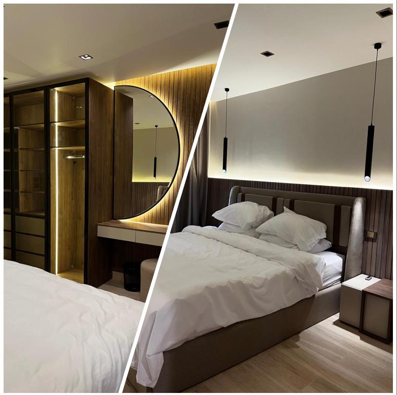 two pictures of a bedroom with a bed and a mirror at Egyhouseluxury in Cairo