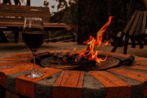 una copa de vino junto a una hoguera en Chalés Recando do Vale - TIRIVA, en Bom Jardim da Serra