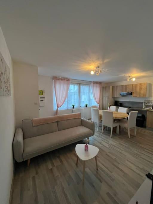 ein Wohnzimmer mit einem Sofa und einem Tisch in der Unterkunft Gîte la perle rose 50 m² in Orchies