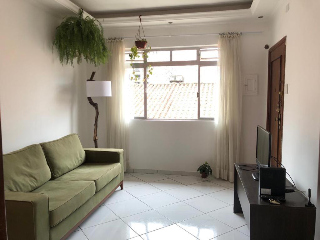 ein Wohnzimmer mit einem grünen Sofa und einem TV in der Unterkunft Quarto em Santos - Boqueirão in Santos