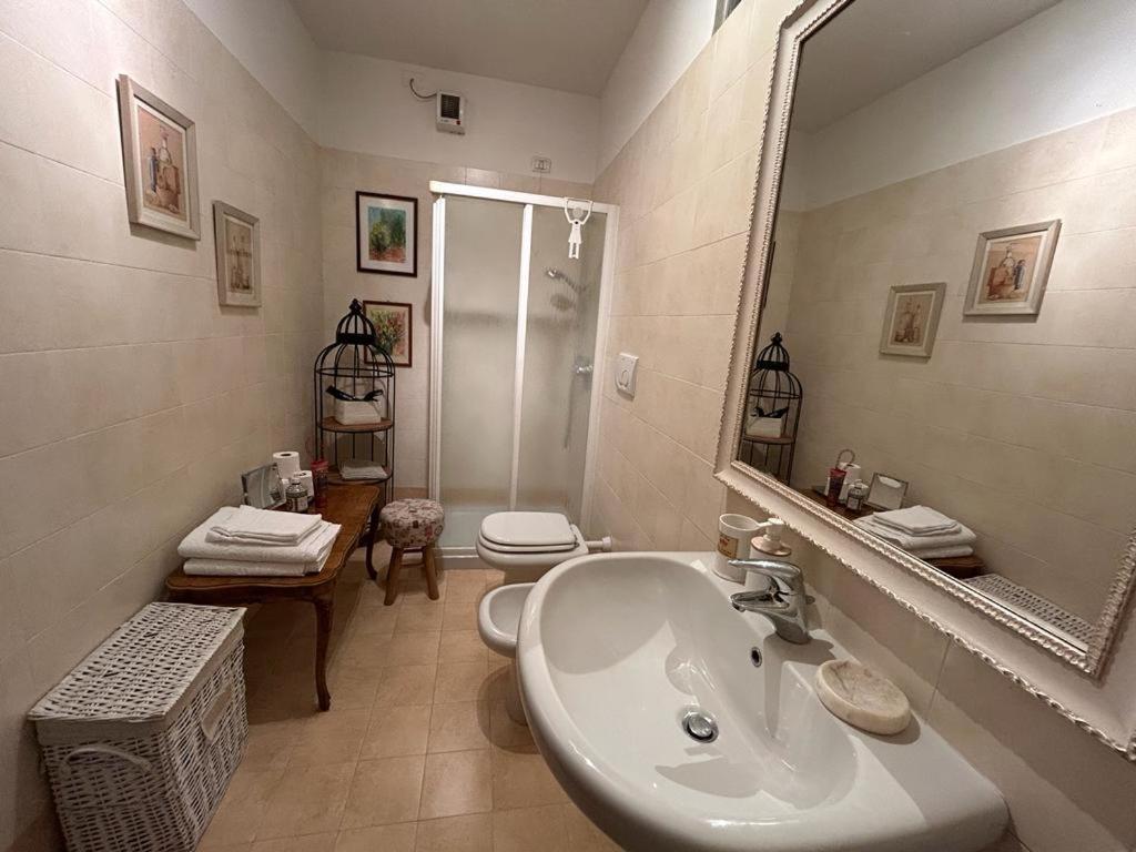 ein Badezimmer mit einem Waschbecken, einem WC und einem Spiegel in der Unterkunft ART ROOM in Verona