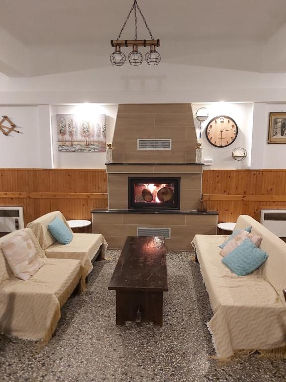 a living room with two couches and a fireplace at Ermis Hotel 