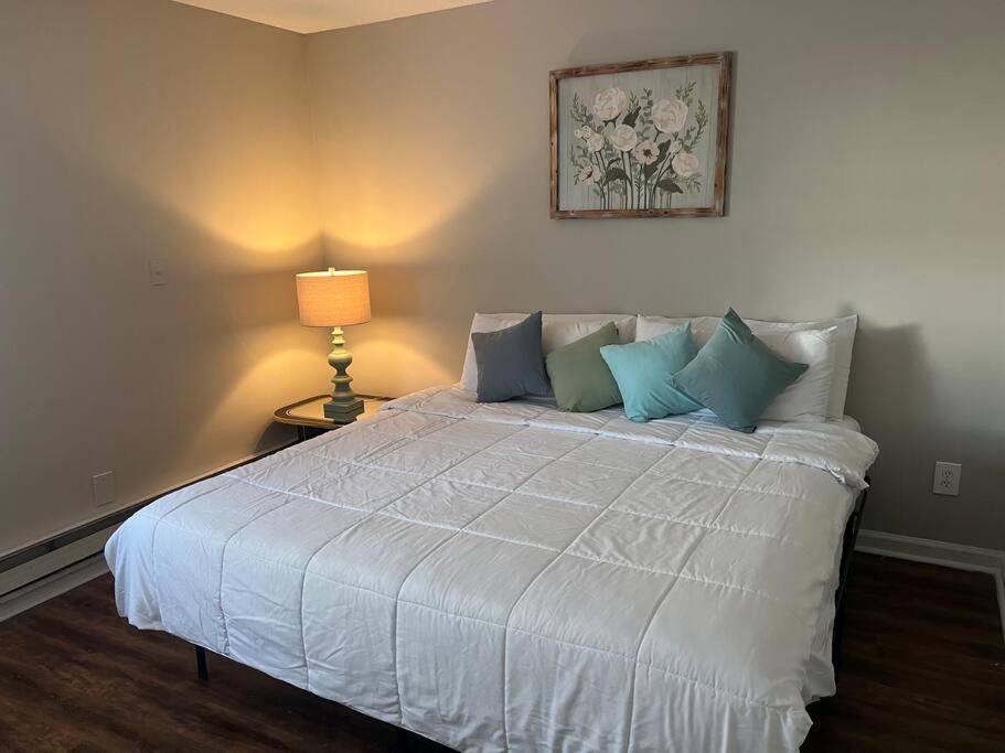 a bedroom with a large white bed with blue pillows at Indigo DowntownWalkable KingBed in Raleigh