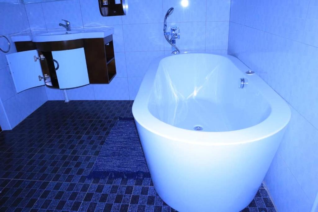 a bathroom with a white toilet and a sink at EE Maison Bed and Breakfast in Francistown