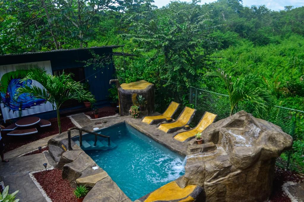 a swimming pool with yellow cushions and a rock at The Jungle Container in Quepos