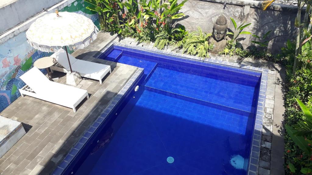 an overhead view of a swimming pool with an umbrella at Merry's House in Canggu