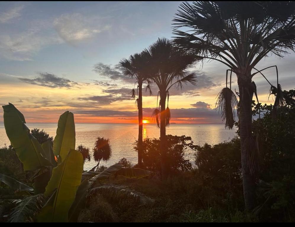 um pôr do sol com palmeiras em frente à água em Fumiko Rina Acop em San Juan